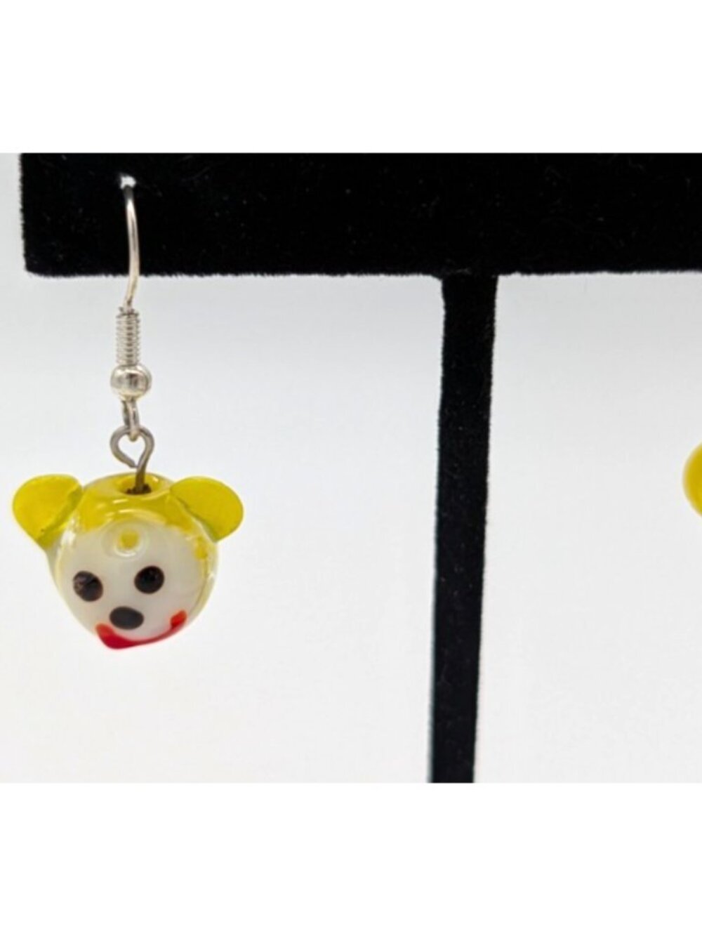 funky glow in the dark art glass beads monkey face dangle earrings yellow clown